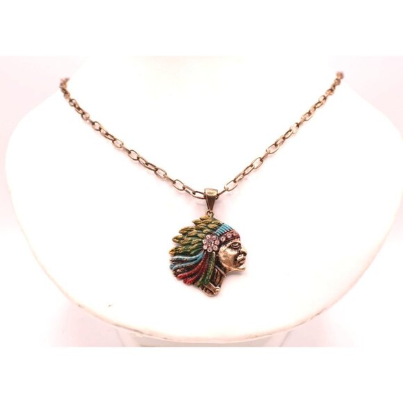 Vintage Native American Chief Headdress Pendant Necklace Rhinestone Enamel Paint - Picture 2 of 9